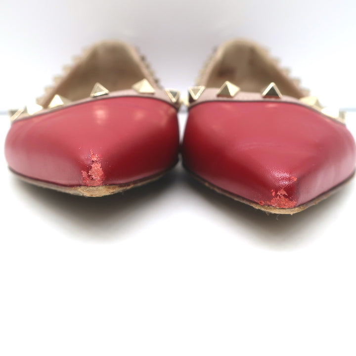 Valentino Rockstud Pointed Toe Ballet Flats Red Leather Size 39.5