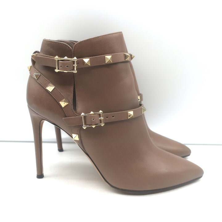 Valentino Rockstud double-strap ankle boots, brown leather, pre-owned with light wear