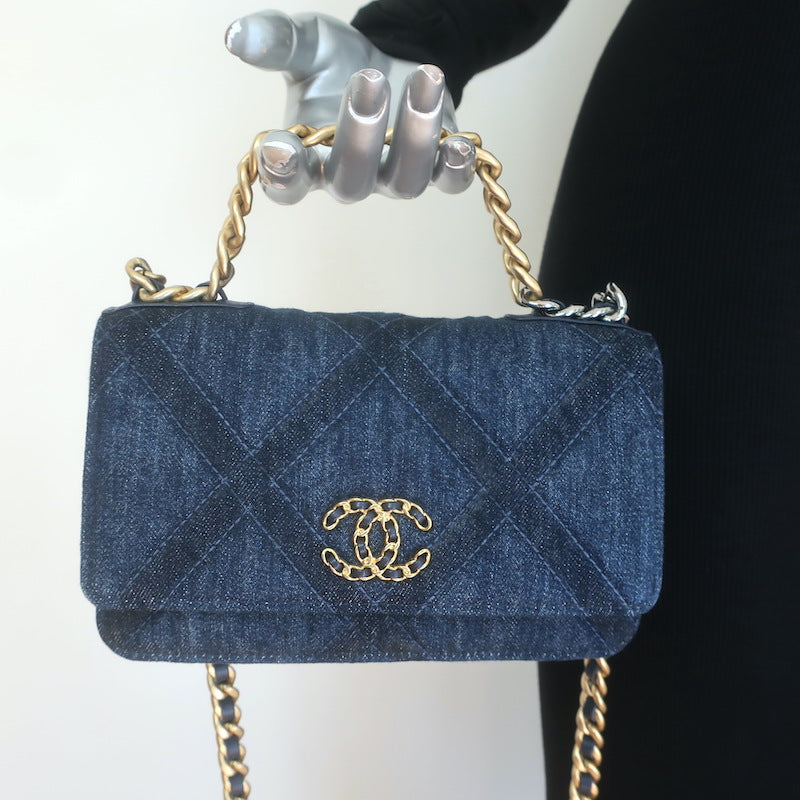 Chanel 19 Quilted Denim Wallet on Chain Indigo Small Crossbody Bag