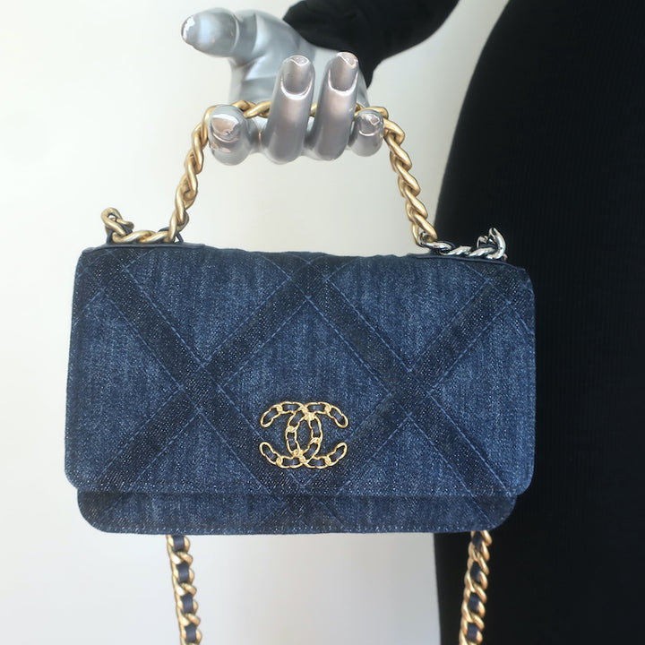 Chanel 19 Quilted Denim Wallet on Chain Indigo Small Crossbody Bag