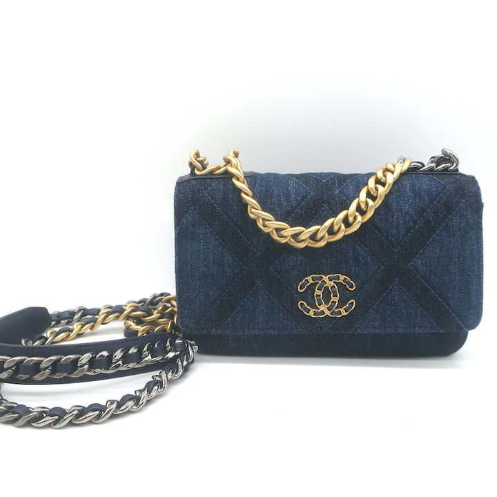 Chanel 19 Quilted Denim Wallet on Chain Indigo Small Crossbody Bag