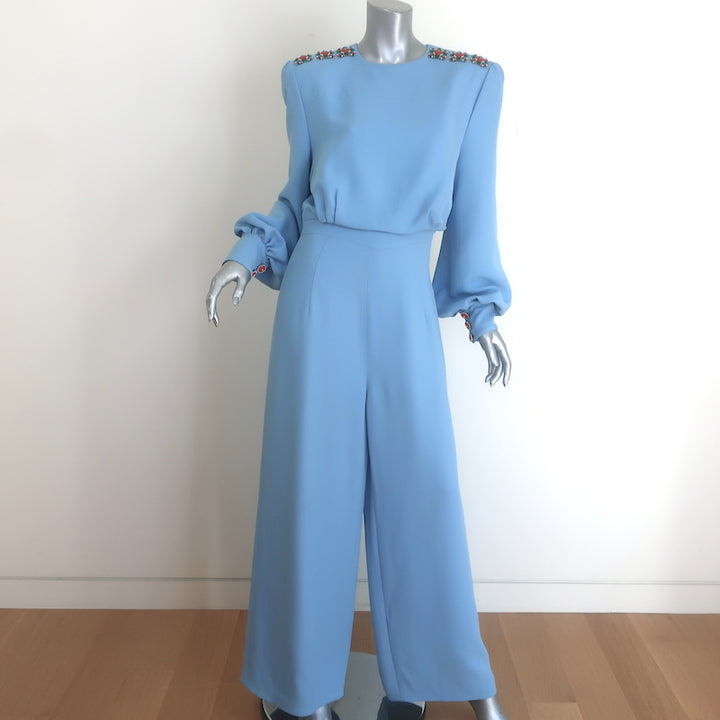 Andrew Gn Embellished Wide-Leg Belted Jumpsuit Sky Blue Crepe Size 40