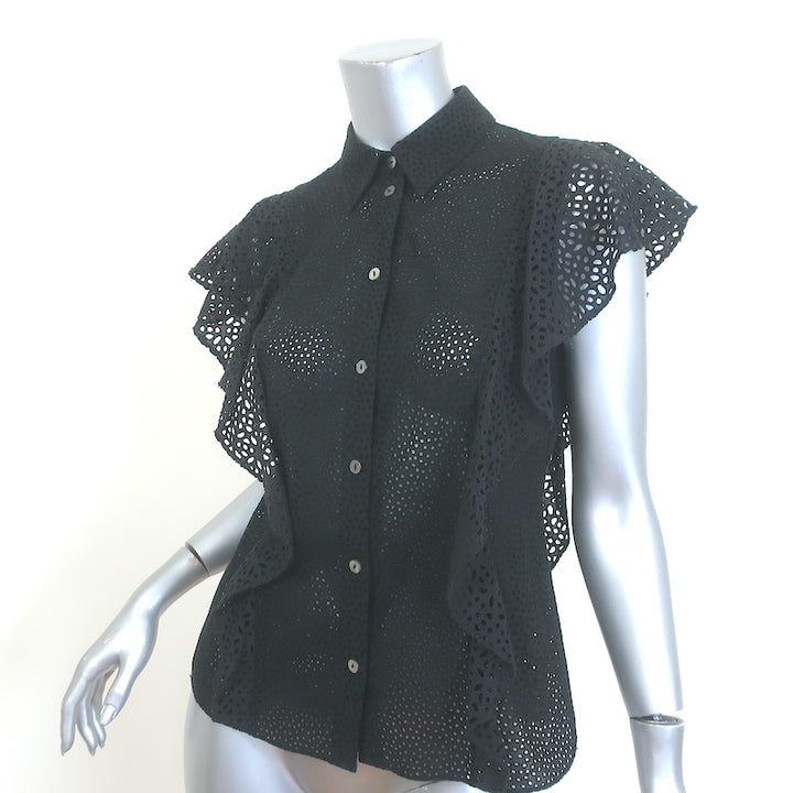 Theory Nova Eyelet-Embroidered Ruffle Top Black Size Small Button-Up Blouse