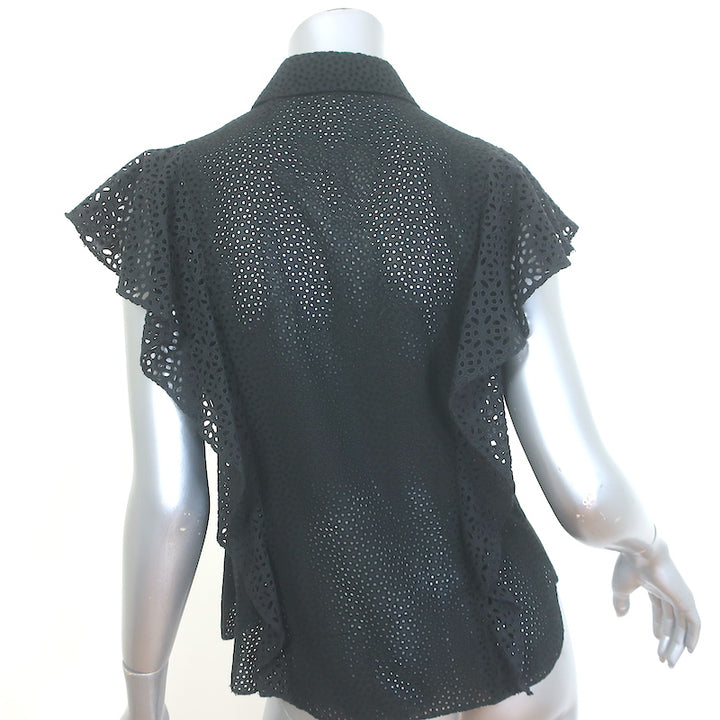 Theory Nova Eyelet-Embroidered Ruffle Top Black Size Small Button-Up Blouse