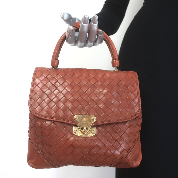 Vintage Bottega Veneta Intrecciato Top Handle Turn Lock Bag Brown Crossbody