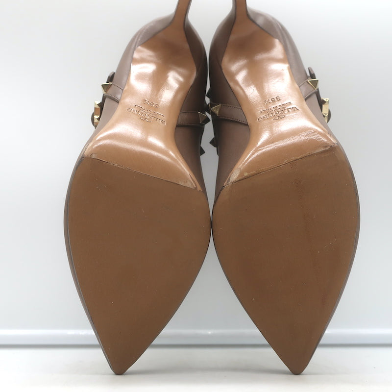 Valentino Rockstud double-strap brown leather ankle boots, pre-owned with authentic hardware and luxe wear character
