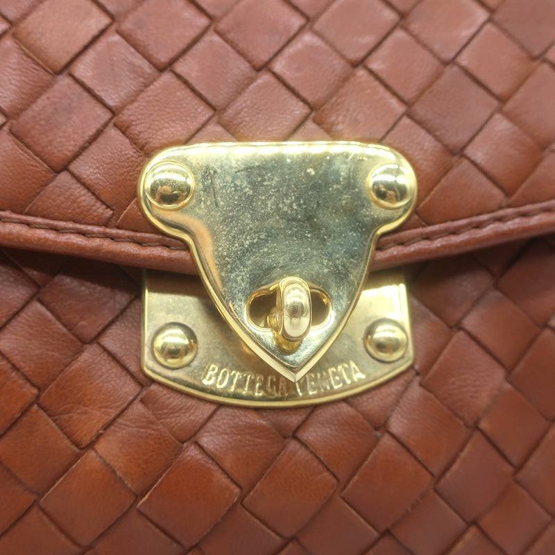 Vintage Bottega Veneta Intrecciato Top Handle Turn Lock Bag Brown Crossbody