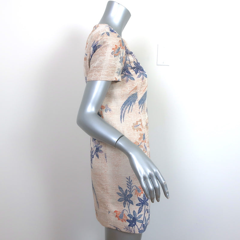 Tory Burch Short Sleeve Mini Shift Dress Beige Floral Bird Print Size 4