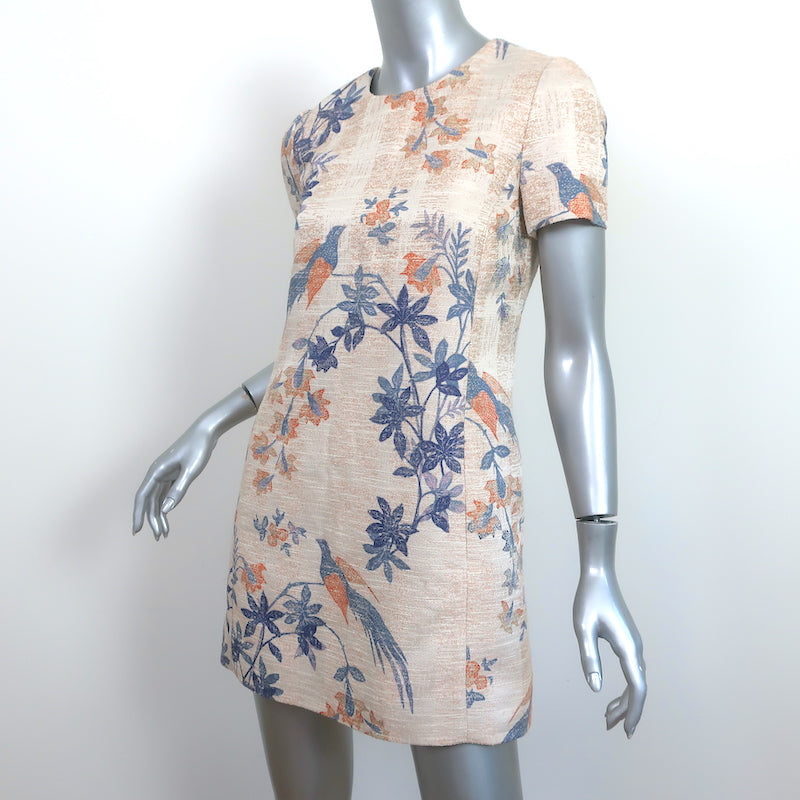 Tory Burch Short Sleeve Mini Shift Dress Beige Floral Bird Print Size 4