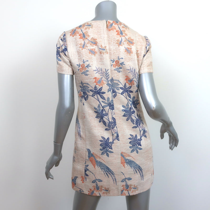 Tory Burch Short Sleeve Mini Shift Dress Beige Floral Bird Print Size 4