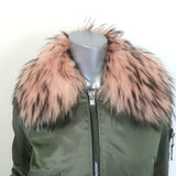SAM. Jenny Raccoon Fur-Collar Bomber Jacket Olive Size Small