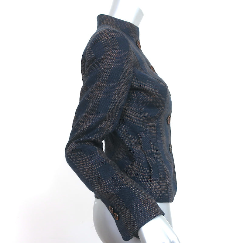Brooks Brothers Checked Button Front Jacket Navy Linen-Blend Size 4