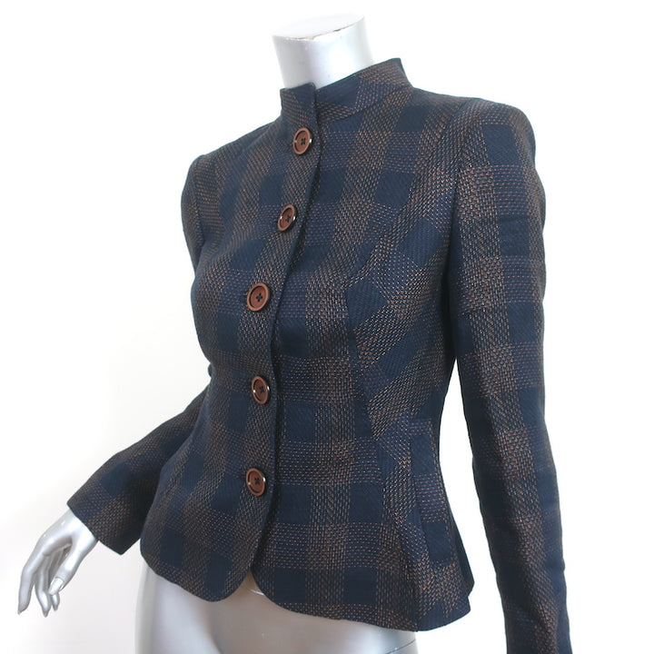 Brooks Brothers Checked Button Front Jacket Navy Linen-Blend Size 4