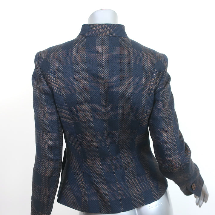 Brooks Brothers Checked Button Front Jacket Navy Linen-Blend Size 4