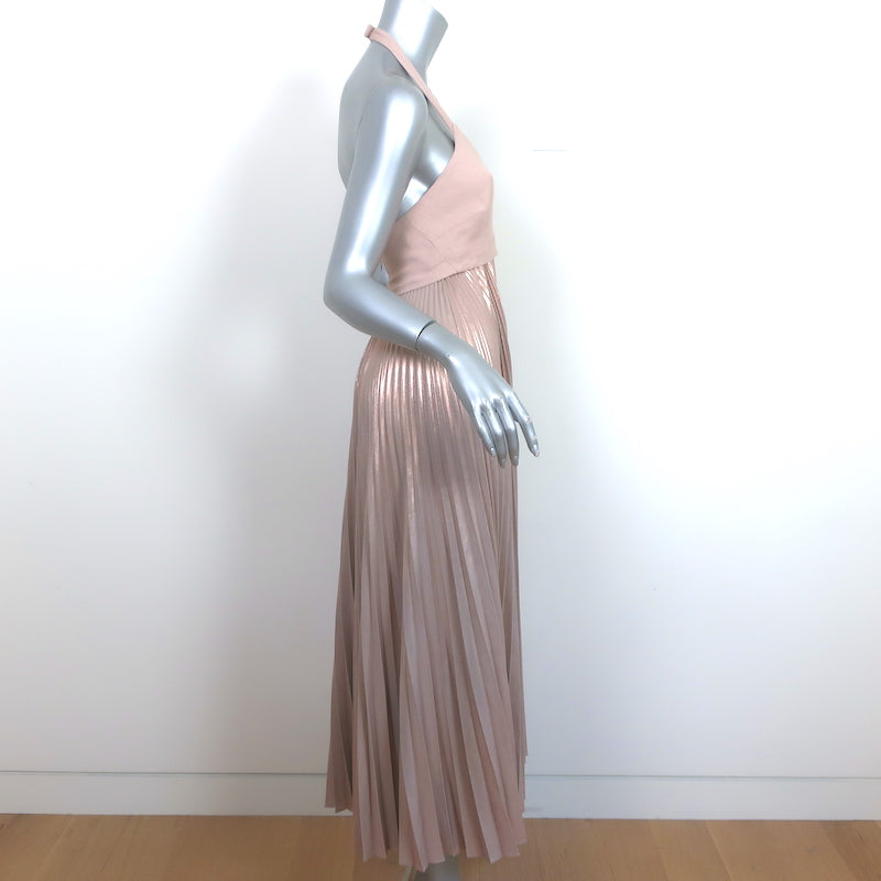 A.L.C. Pleated Metallic Halter Maxi Dress Zelda Pink Crepe Size 4