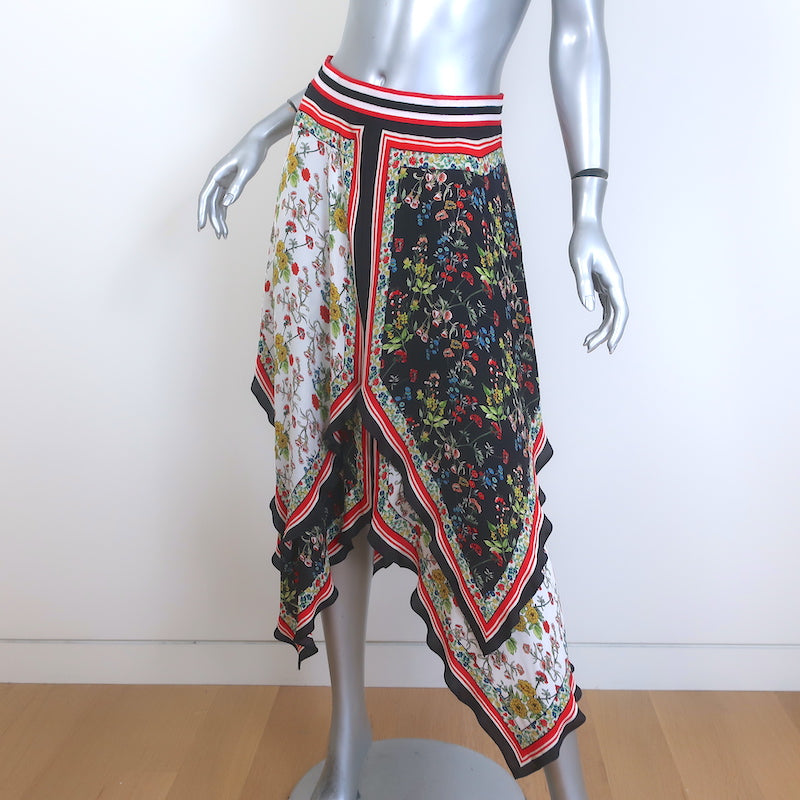 Alice + Olivia Maura Tiered Handkerchief Hem Scarf Print Midi Skirt Size 4