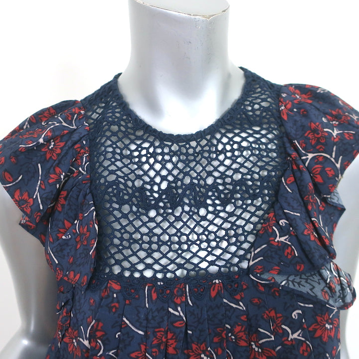 SEA Sleeveless Ruffle Top Navy Crochet Lace-Paneled Floral Print Silk Size 2