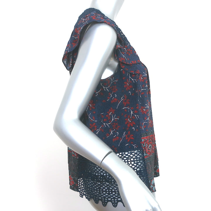 SEA Sleeveless Ruffle Top Navy Crochet Lace-Paneled Floral Print Silk Size 2