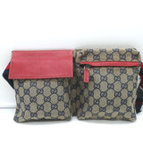 Gucci Double Pocket Belt Bag Brown GG Monogram Canvas & Red Leather