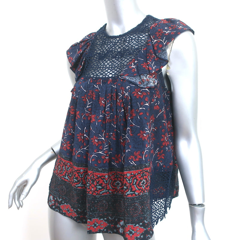 SEA Sleeveless Ruffle Top Navy Crochet Lace-Paneled Floral Print Silk Size 2