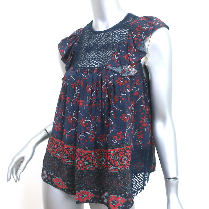 SEA Sleeveless Ruffle Top Navy Crochet Lace-Paneled Floral Print Silk Size 2