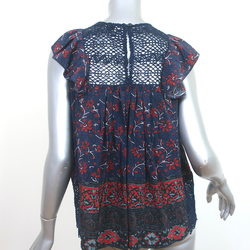 SEA Sleeveless Ruffle Top Navy Crochet Lace-Paneled Floral Print Silk Size 2