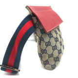 Gucci Double Pocket Belt Bag Brown GG Monogram Canvas & Red Leather