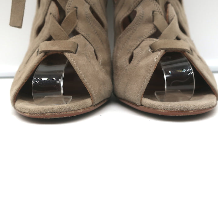 Alaia Lace-Up Cutout Ankle Boots Taupe Suede Size 37.5 Peep Toe Booties