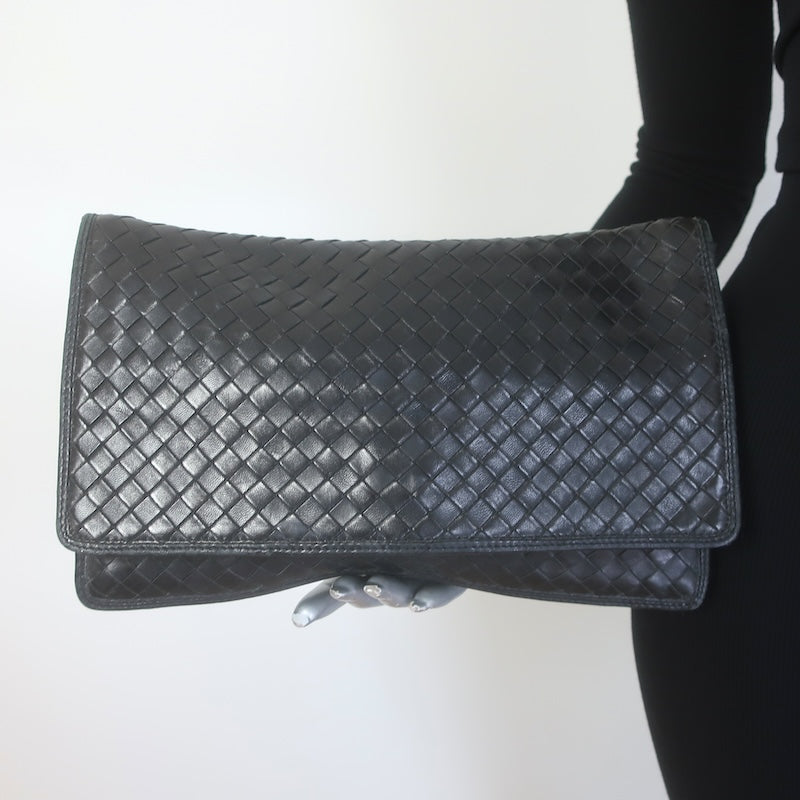 Vintage Bottega Veneta Intrecciato Large Flap Clutch Black Leather