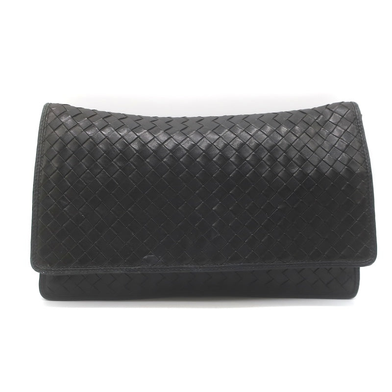 Vintage Bottega Veneta Intrecciato Large Flap Clutch Black Leather