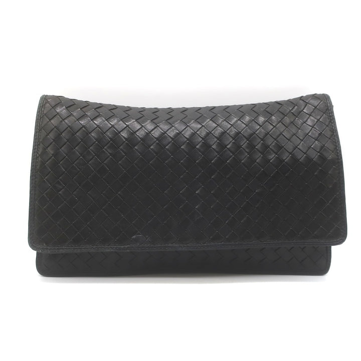 Vintage Bottega Veneta Intrecciato Large Flap Clutch Black Leather