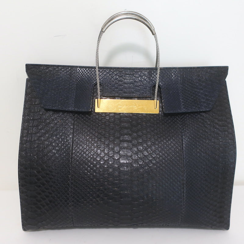 Balenciaga Large Cable Flap Shopper Tote Black Snakeskin &amp; White Leather