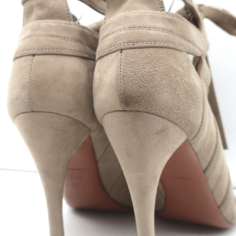 Alaia Lace-Up Cutout Ankle Boots Taupe Suede Size 37.5 Peep Toe Booties