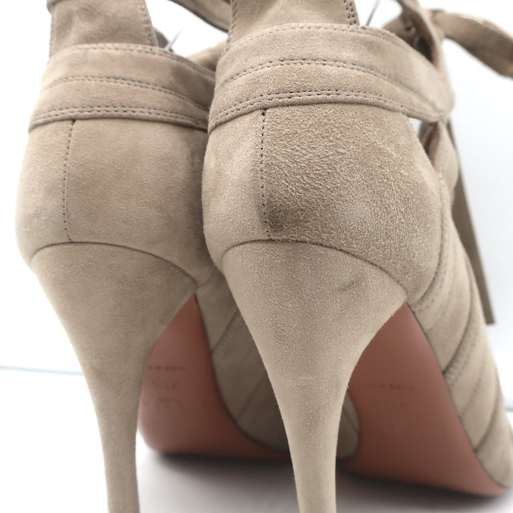 Alaia Lace-Up Cutout Ankle Boots Taupe Suede Size 37.5 Peep Toe Booties