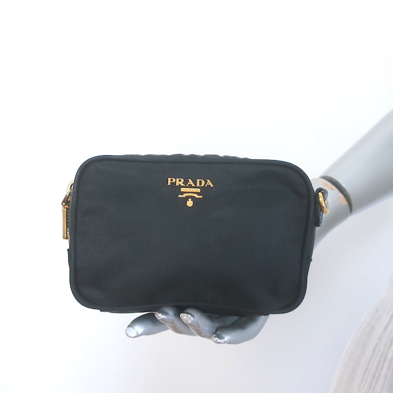 Prada Tessuto Mini Camera Crossbody Bag Black Nylon &amp; Saffiano Leather Clutch