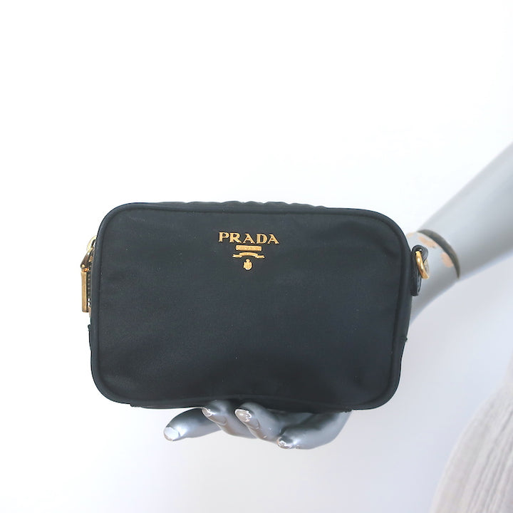 Prada Tessuto Mini Camera Crossbody Bag Black Nylon &amp; Saffiano Leather Clutch