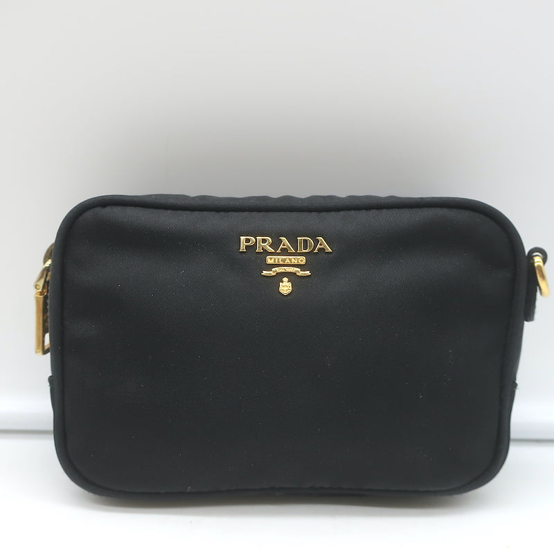 Prada Tessuto Mini Camera Crossbody Bag Black Nylon &amp; Saffiano Leather Clutch