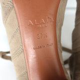 Alaia Lace-Up Cutout Ankle Boots Taupe Suede Size 37.5 Peep Toe Booties
