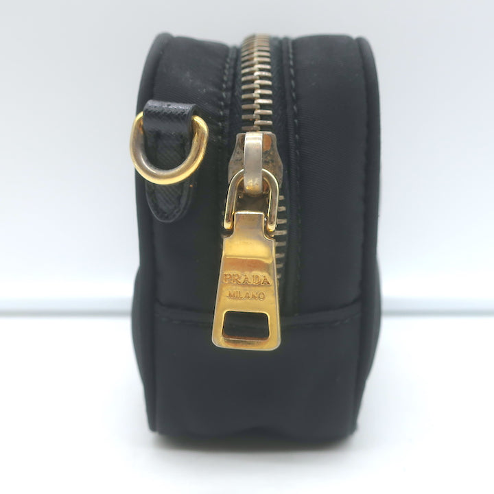 Prada Tessuto Mini Camera Crossbody Bag Black Nylon &amp; Saffiano Leather Clutch