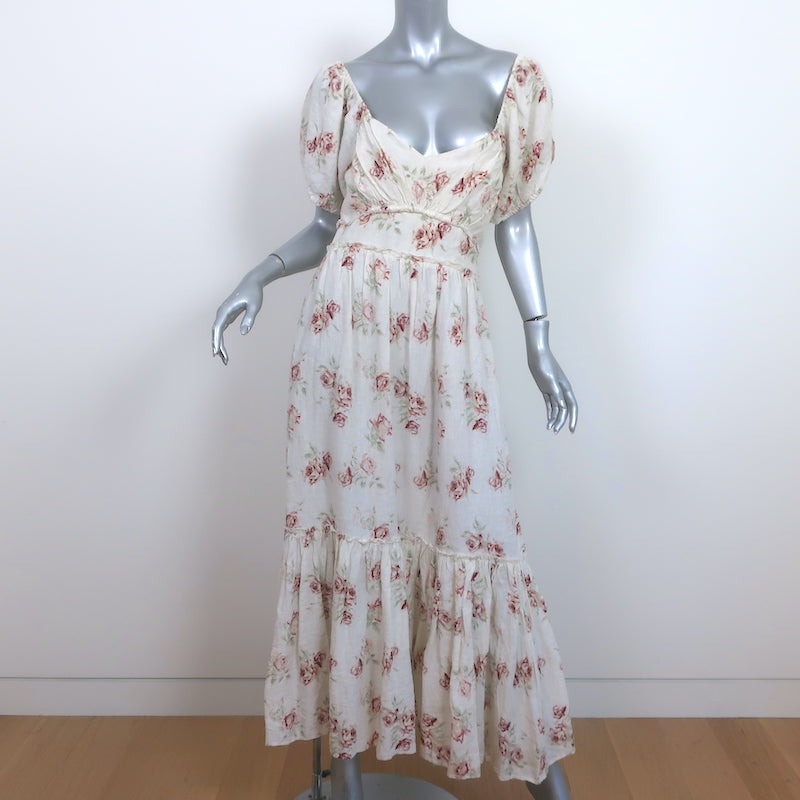 LoveShackFancy Puff Sleeve Maxi Dress Angie Cream Floral Print Linen Size 2 LoveShackFancy Puff Sleeve Maxi Dress Angie Cream Floral Print Linen Size 2
