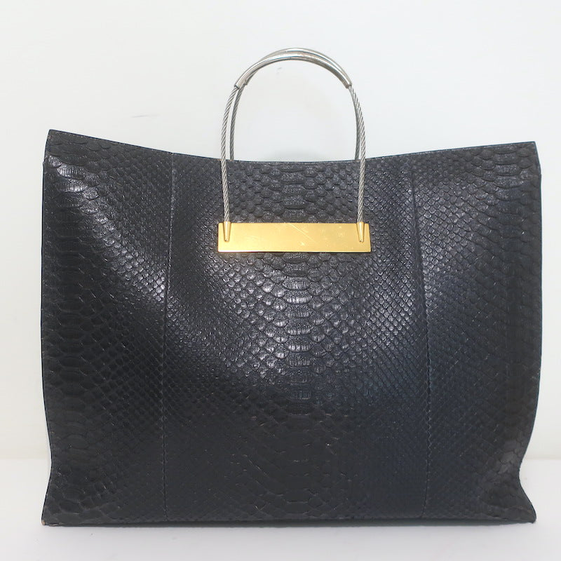 Balenciaga Large Cable Flap Shopper Tote Black Snakeskin &amp; White Leather