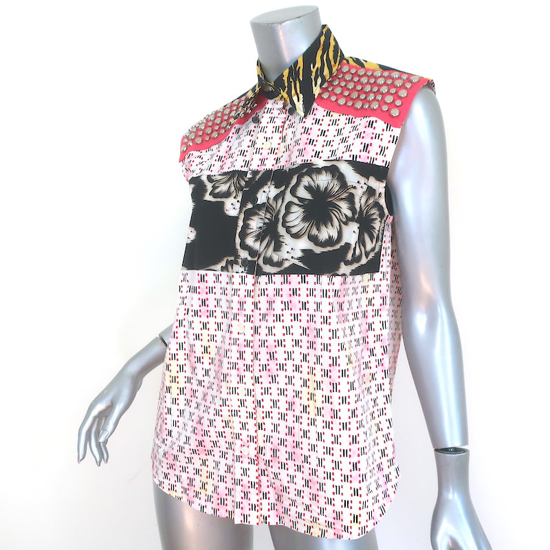 Prada Studded Shirt Tiger &amp; Floral Print Cotton Size 38 Sleeveless Top