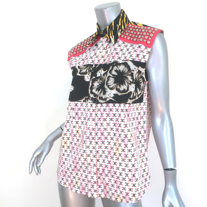 Prada Studded Shirt Tiger &amp; Floral Print Cotton Size 38 Sleeveless Top