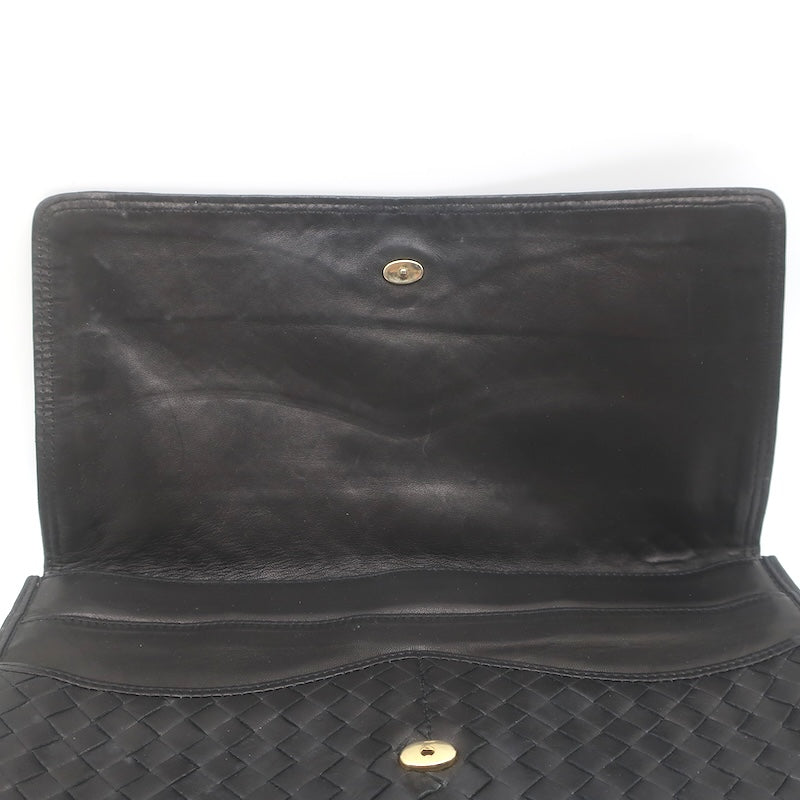 Vintage Bottega Veneta Intrecciato Large Flap Clutch Black Leather