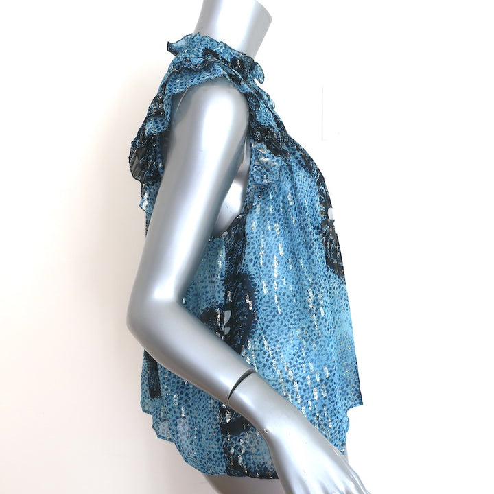 Ulla Johnson Aya Sleeveless Blouse Blue Lurex Floral Print Chiffon Size 4