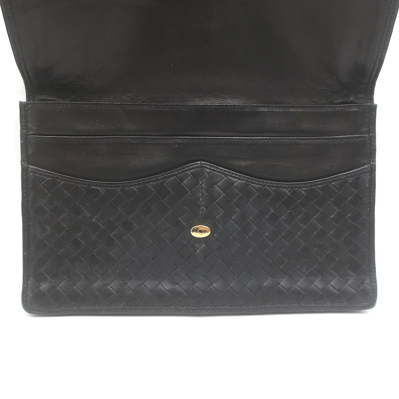 Vintage Bottega Veneta Intrecciato Large Flap Clutch Black Leather