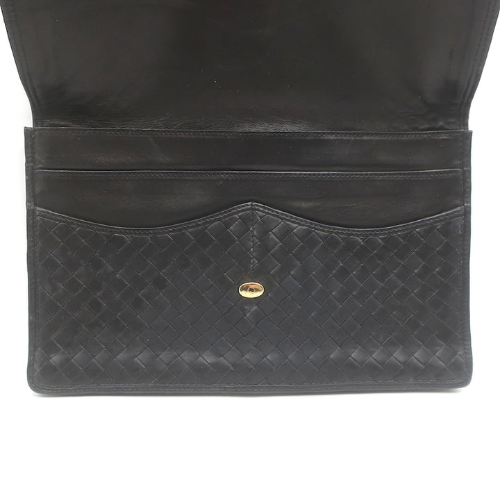 Vintage Bottega Veneta Intrecciato Large Flap Clutch Black Leather