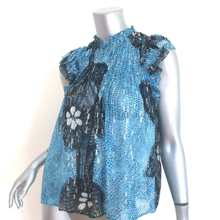 Ulla Johnson Aya Sleeveless Blouse Blue Lurex Floral Print Chiffon Size 4