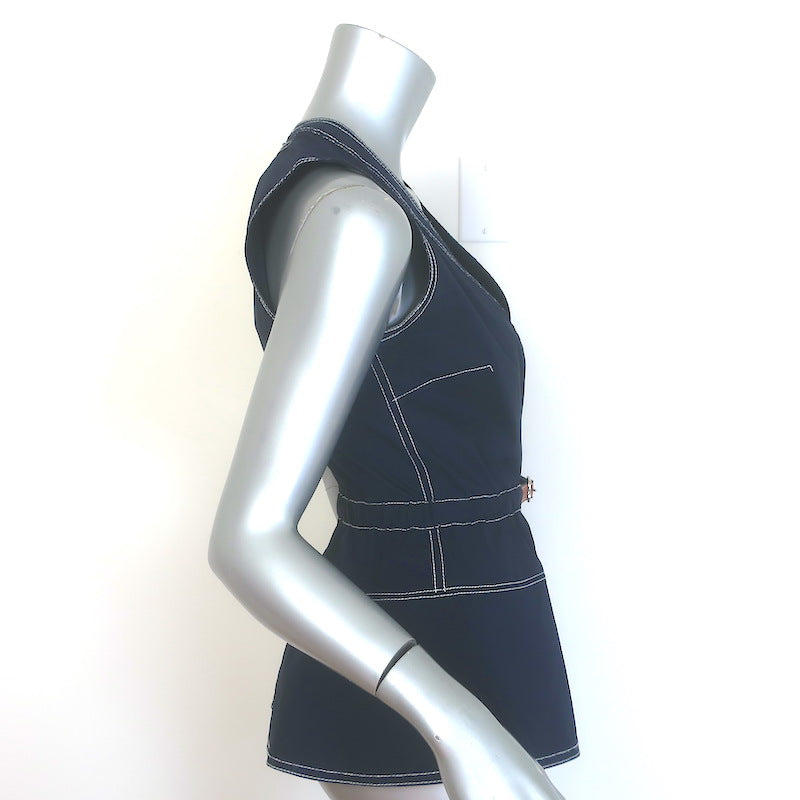 Veronica Beard Nickleby Belted Peplum Top Navy Stretch Cotton Size 4