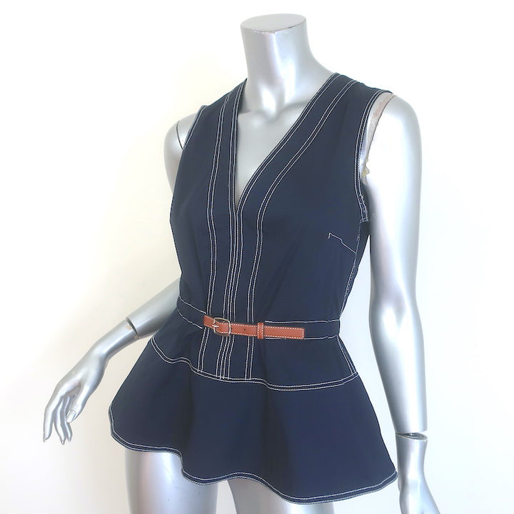 Veronica Beard Nickleby Belted Peplum Top Navy Stretch Cotton Size 4